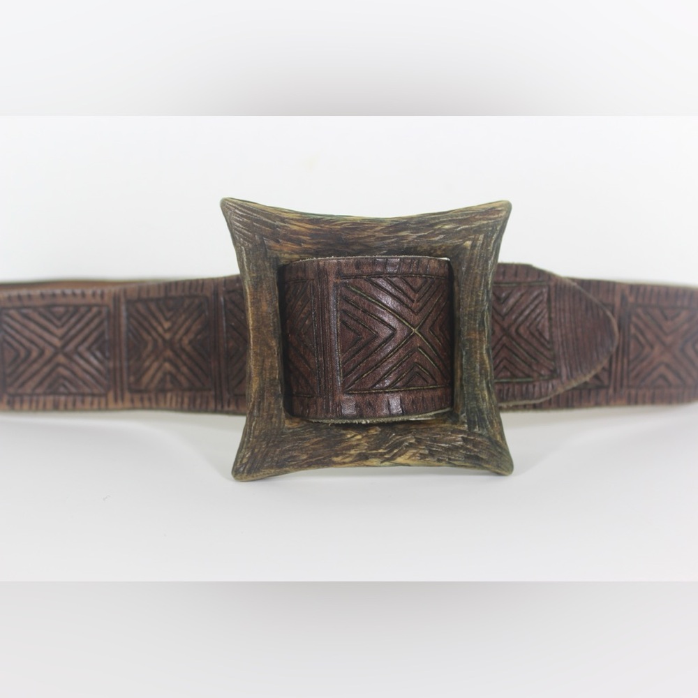 Up to 37” Handmade Thick Tooled Leather Belt with Hand Carved Large Wood Buckle